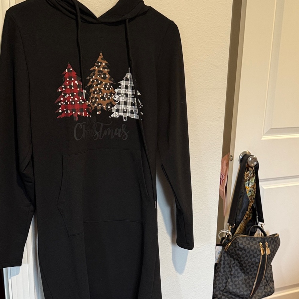 Black Hooded Dress with Festive Tree Design